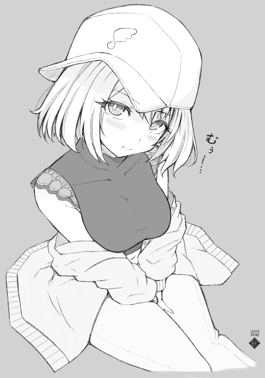 :t baseball_cap blush breasts bright_pupils closed_mouth commentary_request crop_top dated feet_out_of_frame female greyscale hat highres lace-trimmed_shirt lace_trim looking_at_viewer medium_bangs medium_breasts midriff monochrome nanashi_inc. navel official_alternate_costume pants shirt shirt_partially_removed short_hair sideways_hat simple_background sleeveless sleeveless_shirt solo temari_rin touri_sei touri_sei_(2nd_costume) turtleneck virtual_youtuber