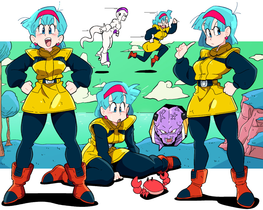 2boys belt blue_eyes blue_hair boots breasts bulma_briefs captain_ginyu cloud colored_skin crab dragon_ball dragon_ball_z earrings female frieza grass green_sky hairband highres index_finger_raised jewelry looking_at_viewer multiple_boys multiple_views namek ocean on_ground open_mouth purple_skin red_hairband running scott_malin short_hair sitting sky speech_bubble spoken_character standing tree wariza white_skin