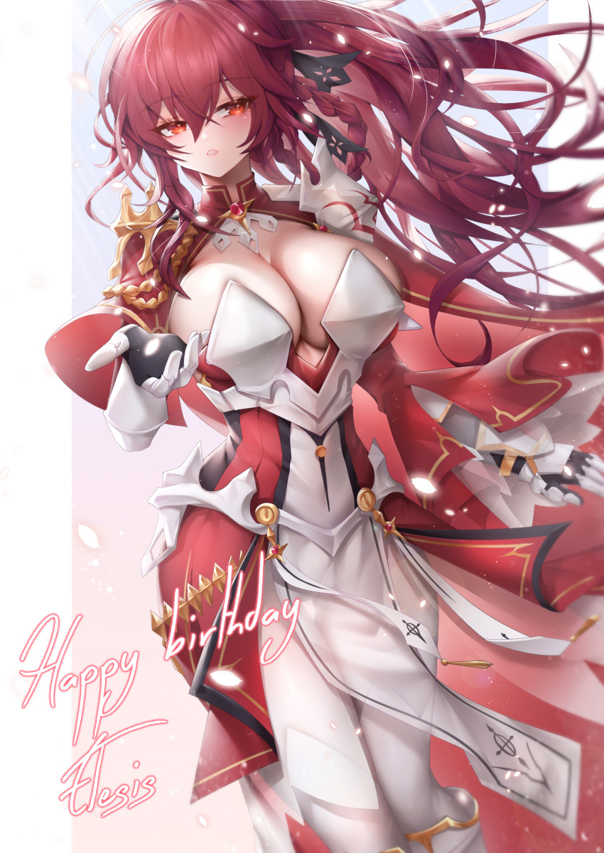 absurdres armor armored_boots armored_gloves boots braid breasts cape cleavage elesis_(elsword) elsword empire_sword_(elsword) english_text female gem gloves gold_trim hair_ornament highres huge_breasts long_hair looking_at_viewer pantyhose ponytail raised_eyebrows reaching reaching_towards_viewer red_eyes red_gemstone red_hair rourou_(been) shoulder_armor simple_background solo very_long_hair white_pantyhose