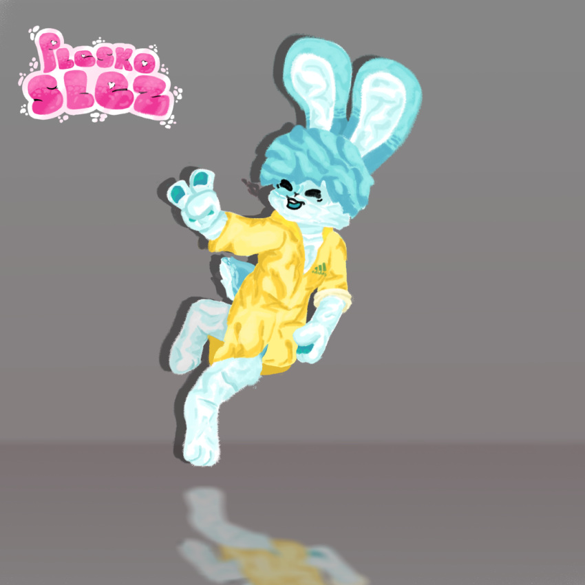 1:1 anthro blue_body blue_fur clothed clothing coat fur hair humanoid lagomorph leporid male mammal pleskoslez plesky_(pleskoslez) rabbit raincoat raincoat_only simple_background smile solo tail topwear white_body white_fur