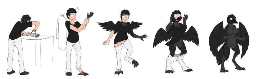 animal_humanoid anthro avian avian_humanoid beak beak_growth big_breasts bird black_body black_feathers blue_eyes breast_growth breasts clothed clothing colored corvid corvus_(genus) digital_media_(artwork) feathers female gender_transformation growth hi_res human human_to_anthro humanoid male mammal mtf_transformation oscine passerine raven sequence simple_background solo species_transformation surprised_expression tomek1000 transformation transformation_sequence wing_growth wings