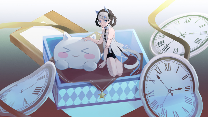 animal_ears bambinata:_vitrum_(punishing:_gray_raven) bambinata_(punishing:_gray_raven) bare_arms bare_legs bare_shoulders black_hair black_leotard blue_eyes blunt_bangs box braided_hair_rings cat_ears cat_girl cat_tail clock collar collarbone detached_collar doll_joints dress female frilled_collar frills full_body hair_ornament hairclip handkerchief heart heart-shaped_pupils heart_hair_ornament highres in_box in_container joints karin_(2290463757) leotard looking_at_viewer mechanical_parts multicolored_hair petite punishing:_gray_raven ribbon seiza short_hair sitting solo stuffed_animal stuffed_cat stuffed_toy surreal symbol-shaped_pupils tail tail_ornament tail_ribbon two-tone_hair white_dress white_hair white_ribbon