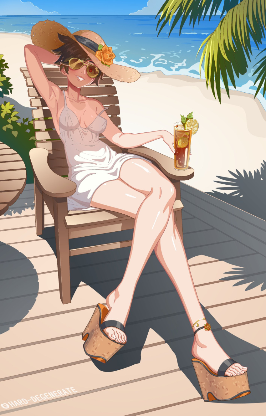 anklet arm_behind_head armpits artist_name bare_legs beach breasts brown-tinted_eyewear brown_hair chair commentary crossed_legs dress english_commentary female flower food fruit glass grin hard-degenerate hat hat_flower highres horizon iced_tea jewelry lemon lemon_slice medium_breasts ocean outdoors overwatch overwatch_1 partially_opaque_sunglasses platform_footwear red_eyes sandals shadow shore short_dress short_hair sitting smile solo spaghetti_strap strap_slip sun_hat sunglasses table tan tanlines tinted_eyewear tracer_(overwatch) tree white_dress