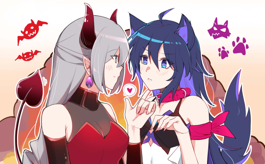 2girls :< absurdres ahoge alternate_costume alternate_universe animal_ears armband bare_shoulders blue_hair breasts bronya_rand closed_mouth colored_inner_hair demon_girl demon_horns detached_sleeves drill_hair earrings english_commentary grey_eyes grey_hair hair_between_eyes hand_on_another's_chin heart highres honkai:_star_rail honkai_(series) horns jewelry leash looking_at_another multicolored_hair multiple_girls red_armband red_horns seele_(honkai:_star_rail) small_breasts smile sunny_day_9797 tail wolf_ears wolf_girl wolf_tail yuri