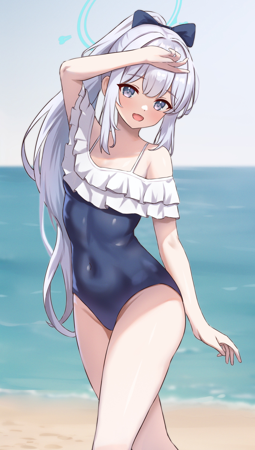 absurdres bare_legs bare_shoulders beach blue_archive blue_halo blue_one-piece_swimsuit breasts chinese_commentary commentary covered_navel day fanteam feet_out_of_frame female frilled_one-piece_swimsuit frills grey_hair halo highres long_hair miyako_(blue_archive) miyako_(swimsuit)_(blue_archive) ocean off-shoulder_one-piece_swimsuit off_shoulder official_alternate_costume one-piece_swimsuit open_mouth outdoors ponytail purple_eyes small_breasts smile solo swimsuit