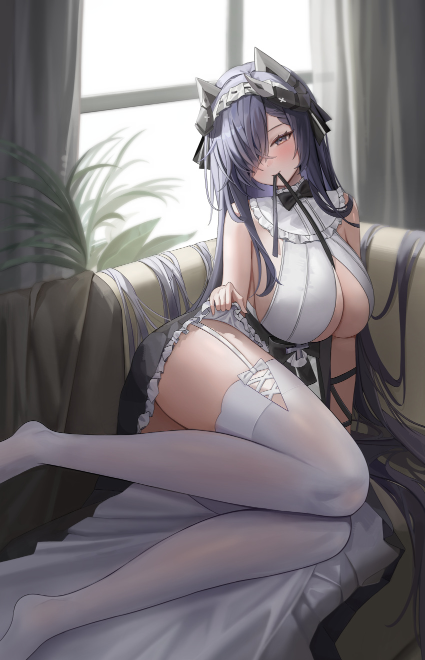 absurdres august_von_parseval_(azur_lane) august_von_parseval_(the_conquered_unhulde)_(azur_lane) azur_lane between_breasts black_bow black_bowtie black_horns blush bow bowtie breasts cleavage closed_mouth clothes_lift commentary dress dress_lift female frilled_dress frills garter_straps grey_eyes grey_hair hair_over_one_eye highres horns indoors large_breasts lifting_own_clothes long_hair looking_at_viewer maid_headdress manus_(manuspupa) mechanical_horns mouth_hold no_shoes official_alternate_costume revision ribbon ribbon_in_mouth sleeveless sleeveless_dress solo thighhighs thighs very_long_hair white_garter_straps white_thighhighs