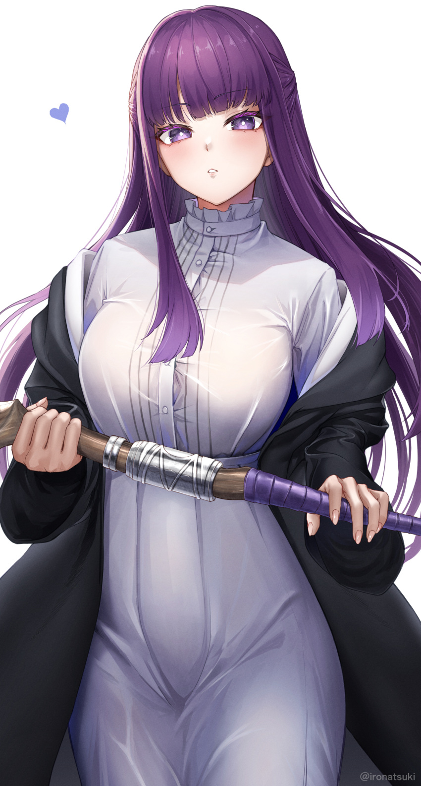 black_coat blunt_bangs blush breasts coat dress female fern_(sousou_no_frieren) highres ironatsuki large_breasts long_hair long_sleeves looking_at_viewer off_shoulder open_clothes open_coat parted_lips purple_eyes purple_hair sidelocks solo sousou_no_frieren staff thighs white_dress