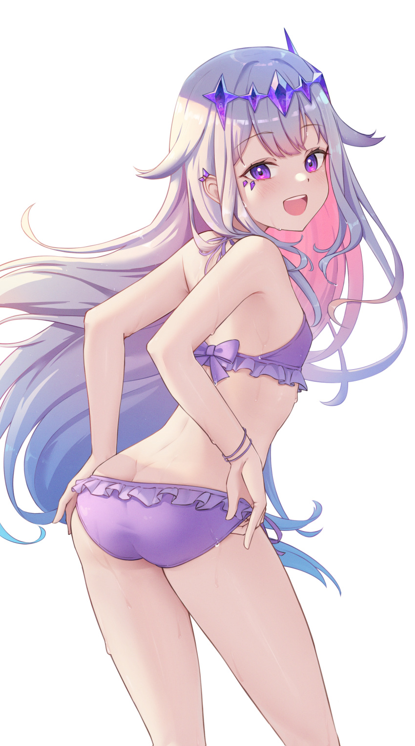 absurdres ass bikini circlet colored_inner_hair female flat_chest frilled_bikini frills from_behind grey_hair hair_ornament halterneck highres hololive hololive_english jewel_under_eye koseki_bijou long_hair looking_at_viewer looking_back multicolored_hair open_mouth paid_reward_available pink_hair purple_eyes shironekokfp side-tie_bikini_bottom simple_background smile solo swimsuit virtual_youtuber wet white_background