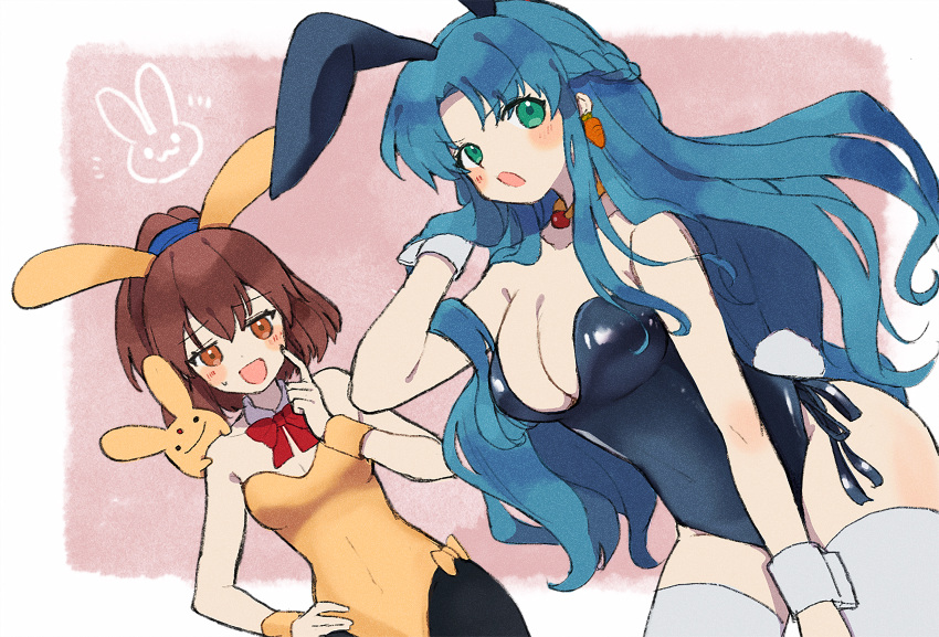 2girls animal_ears arle_nadja black_leotard black_pantyhose blue_hair bow braid breasts brown_eyes brown_hair carbuncle_(puyopuyo) carrot_earrings collarbone detached_collar earrings eyelashes food-themed_earrings gold_necklace green_eyes highres jewelry jitome kashima_miyako large_breasts leotard long_hair multiple_girls necklace open_mouth pantyhose playboy_bunny ponytail puyopuyo rabbit_ears rabbit_tail red_bow rulue_(puyopuyo) side-tie_leotard strapless strapless_leotard tail thighhighs thighs very_long_hair white_thighhighs wrist_cuffs yellow_leotard