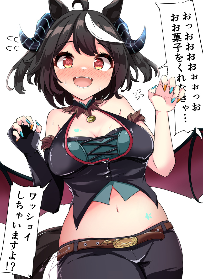 @_@ absurdres ahoge alternate_costume animal_ears aqua_nails black_hair blush breasts cleavage collarbone commentary cosplay demon_horns female fingernails gryebooks highres horns horse_ears horse_girl horse_tail kitasan_black_(umamusume) large_breasts looking_at_viewer mejiro_palmer_(devil_in_the_moonlight)_(umamusume) mejiro_palmer_(umamusume) mejiro_palmer_(umamusume)_(cosplay) midriff multicolored_hair multicolored_nails navel orange_nails red_eyes short_hair shorts simple_background solo tail translated two_side_up umamusume white_background white_hair