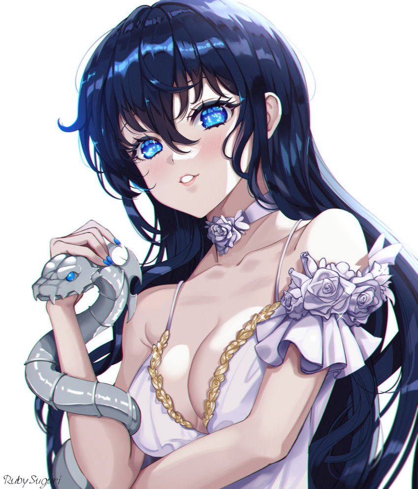 arm_under_breasts black_hair blue_eyes blue_nails breasts cleavage collarbone dress female flower hair_between_eyes highres long_hair neck_flower neck_ribbon original parted_lips ribbon rose ruby_suguri signature snake solo sparkling_eyes upper_body white_dress white_flower white_ribbon white_rose