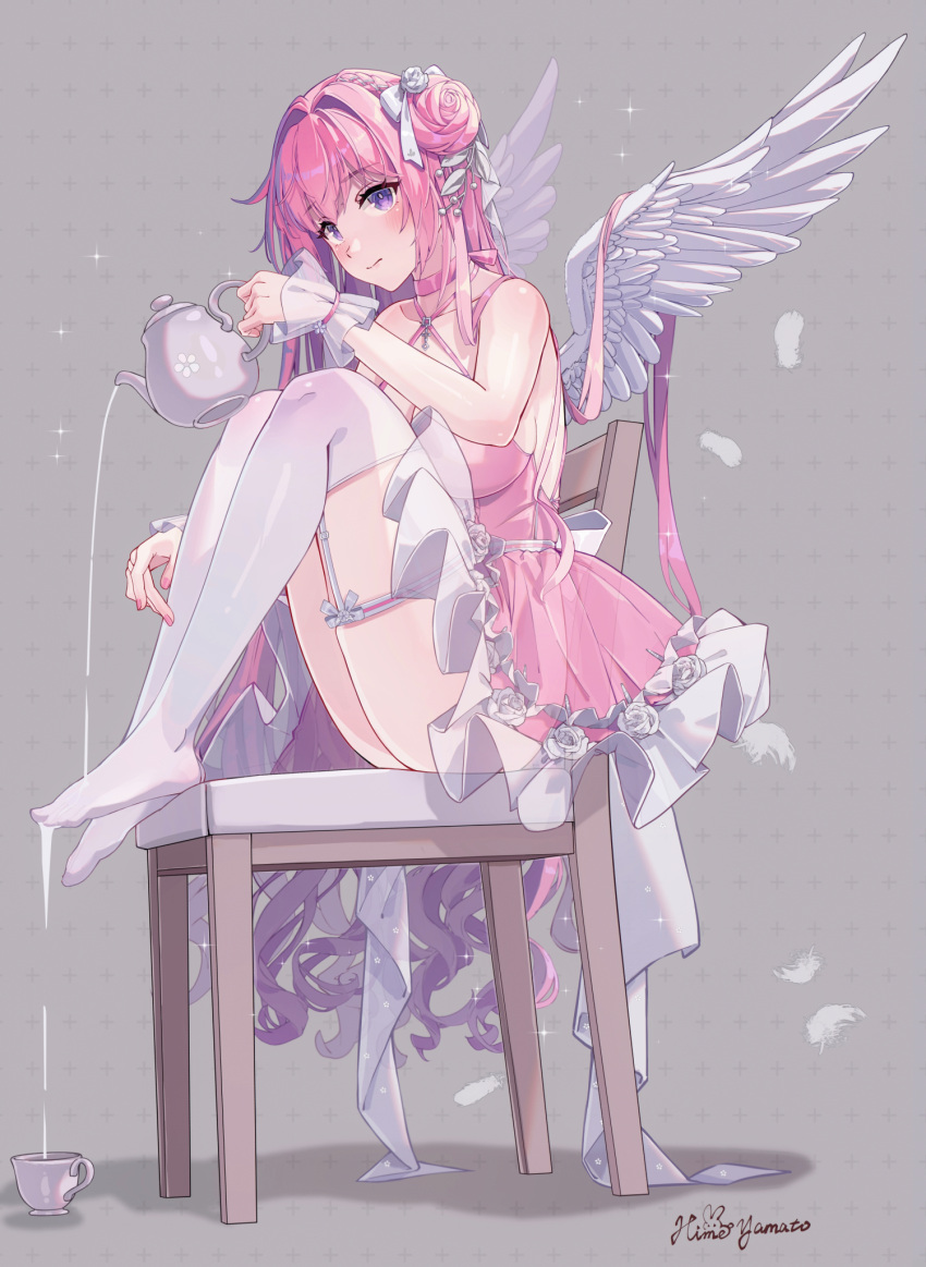 angel angel_wings blush breasts chair choker closed_mouth commentary_request dorothy_(nikke) dorothy_(nostalgia)_(nikke) dress feathers female flower frilled_dress frills goddess_of_victory:_nikke grey_background hair_intakes highres himeyamato holding holding_teapot large_breasts long_hair pink_choker pink_dress pink_flower pink_hair pink_rose purple_eyes rose simple_background sitting teapot thigh_strap thighhighs wet white_thighhighs wings