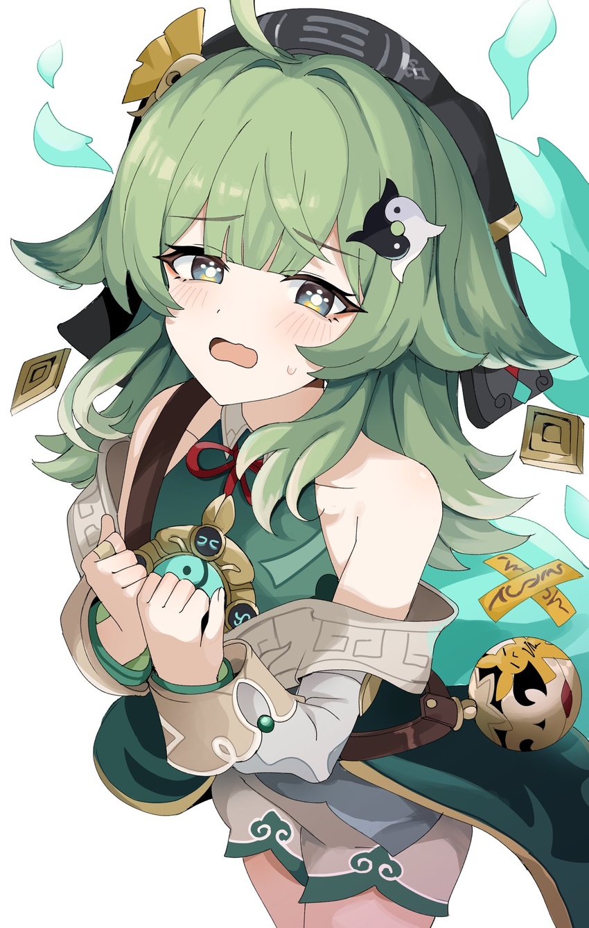 ahoge animal_ear_fluff animal_ears awe_(adorableduckyy) bare_shoulders blue_fire breasts collared_shirt detached_sleeves female fire fox_ears fox_girl ghost_tail green_eyes green_hair hat highres honkai:_star_rail honkai_(series) huohuo_(honkai:_star_rail) long_hair long_sleeves open_mouth paw-shaped_pupils scared shirt small_breasts solo sweatdrop symbol-shaped_pupils white_background yin_yang yin_yang_hair_ornament