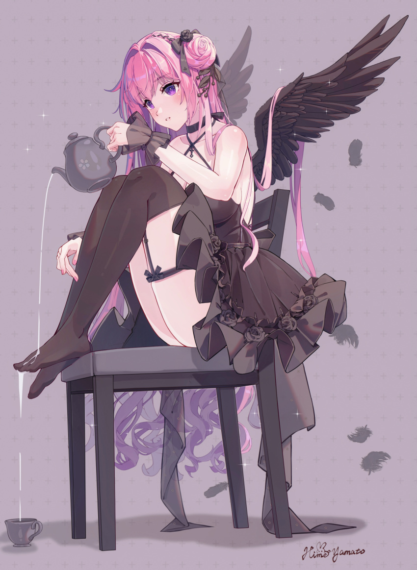 angel angel_wings black_dress black_thighhighs blush breasts chair choker closed_mouth commentary_request dorothy_(nikke) dorothy_(nostalgia)_(nikke) dress feathers female frilled_dress frills goddess_of_victory:_nikke grey_background hair_intakes highres himeyamato holding holding_teapot large_breasts long_hair parted_lips pink_choker pink_hair purple_eyes simple_background sitting teapot thigh_strap thighhighs wet wings