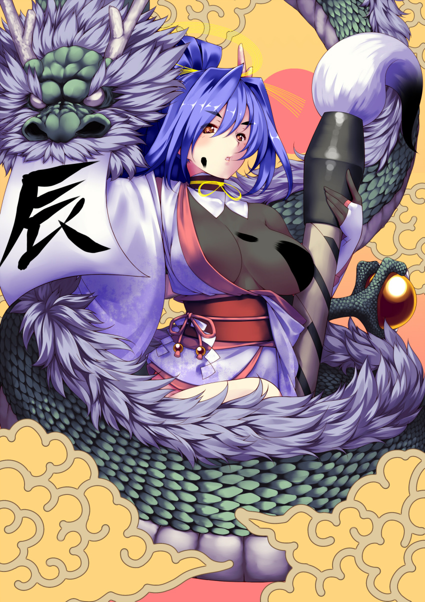 blue_hair breast_slip breasts brown_eyes brush calligraphy_brush censored cloud commentary convenient_censoring dragon facial_mark female furisode highres horns japanese_clothes kakizome kimono large_breasts new_year obi off_shoulder one_breast_out open_mouth original paintbrush sash see-through shirt sign solo sun symbol-shaped_pupils tro_(trombe)