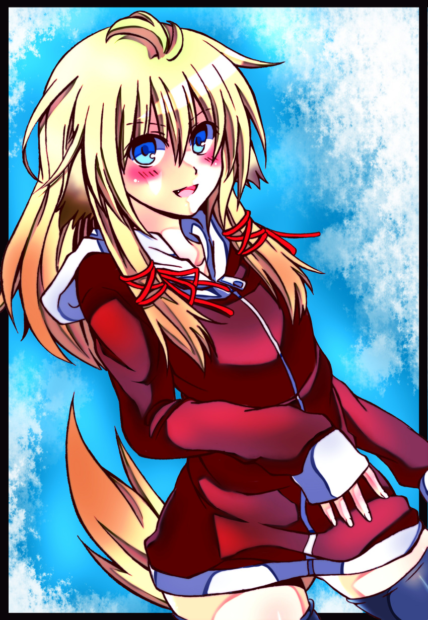 absurdres animal_ears bad_id bad_pixiv_id blonde_hair blue_eyes blush colorized female highres kemonomimi_mode long_hair moriya_suwako musupon214 nora_wanko solo tail thighhighs touhou