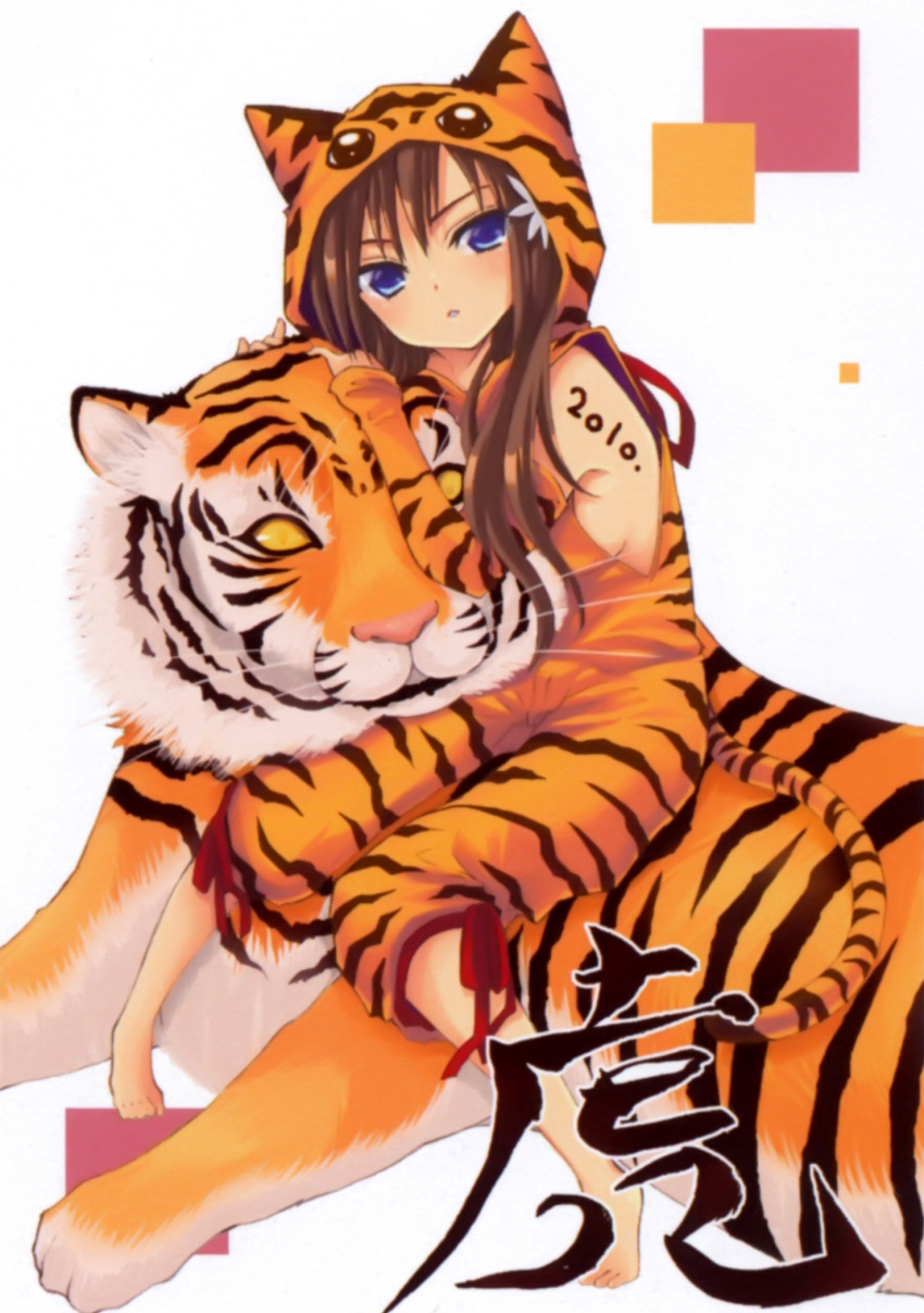 2010 animal animal_costume animal_hug animal_print barefoot blue_eyes blurry breasts brown_hair chinese_zodiac detached_sleeves female highres hood hoodie long_hair looking_at_viewer original sakurai_unan scan sideboob sitting small_breasts solo striped tail tiger tiger_costume tiger_print tiger_tail year_of_the_tiger