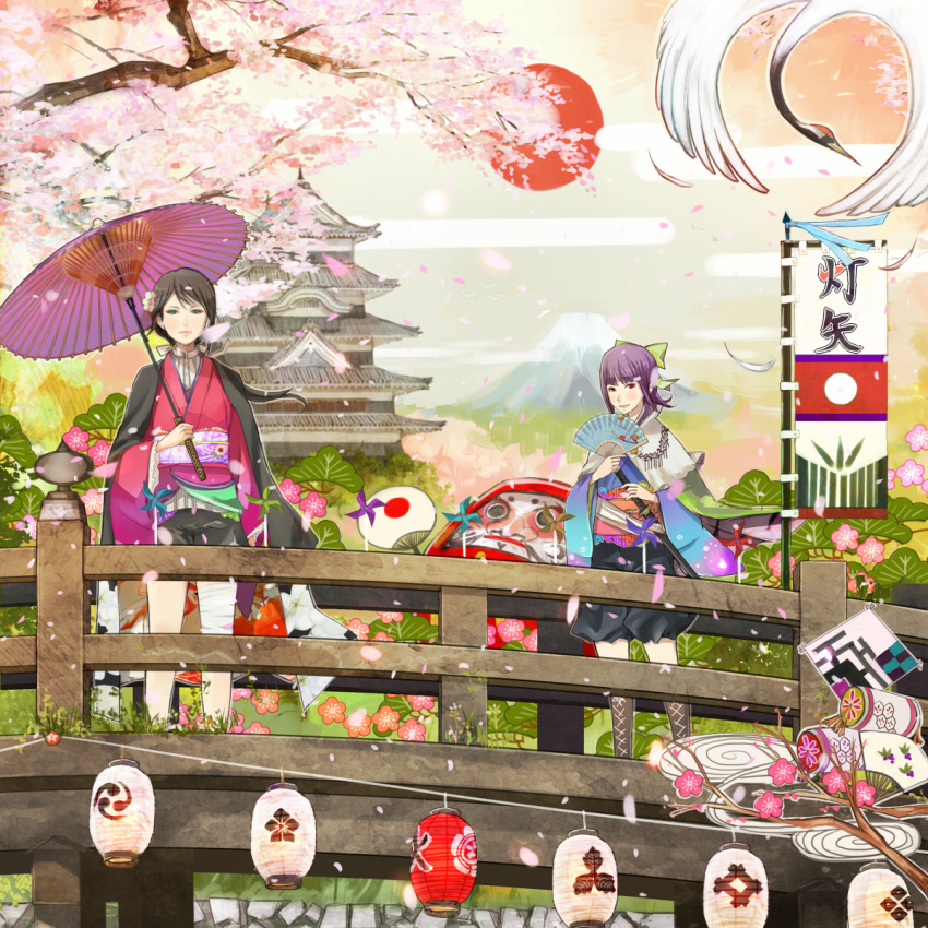 2girls architecture banner bird boots bridge castle cherry_blossoms cloud commentary_request crane_(animal) crest cross-laced_footwear daruma_doll east_asian_architecture egasumi family_crest flag flower folding_fan grass hand_fan haori highres japan japanese_clothes katana kimono knee_boots lace-up_boots landscape lantern mitsudomoe_(shape) mount_fuji mountain multiple_girls nobori obi oda_uri oil-paper_umbrella original outdoors paper_fan paper_lantern patriotism petals pine_tree pinwheel plant plum_blossoms red_sun sash shigureteki sky standing sun sword tomoe_(symbol) tree umbrella weapon