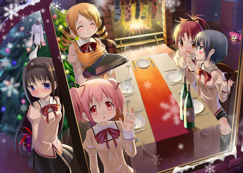 5girls against_glass akemi_homura alcohol apron arms_behind_back black_hair blonde_hair blue_eyes blue_hair blush blush_stickers bow box chair charlotte_(madoka_magica) christmas christmas_tree closed_eyes commentary_request cross crucifixion drill_hair everyone fireplace fork gift gift_box hairband hairbow hat highres kaname_madoka knife kyuubee long_hair mahou_shoujo_madoka_magica mahou_shoujo_madoka_magica_(anime) miki_sayaka mitakihara_school_uniform multiple_girls okingjo open_mouth pink_eyes pink_hair plate purple_eyes red_eyes red_hair sakura_kyoko school_uniform shirt shy sitting skirt smile socks table tomoe_mami twin_drills twintails window wine