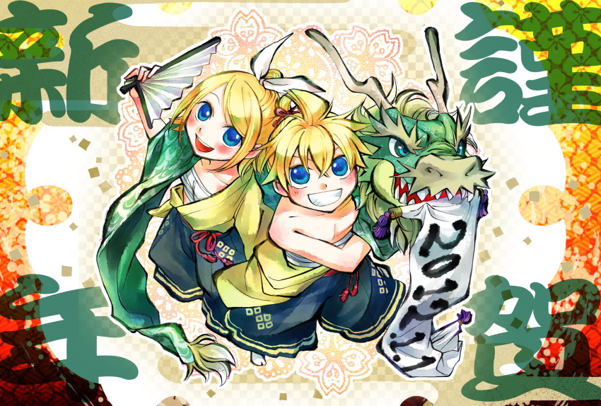 1boy blonde_hair blue_eyes brother_and_sister commentary_request dragon female hair_ornament hair_ribbon hairclip hand_fan highres junji kagamine_len kagamine_rin looking_at_viewer new_year open_mouth painttool_sai_(medium) ribbon sarashi short_hair siblings smile twins vocaloid