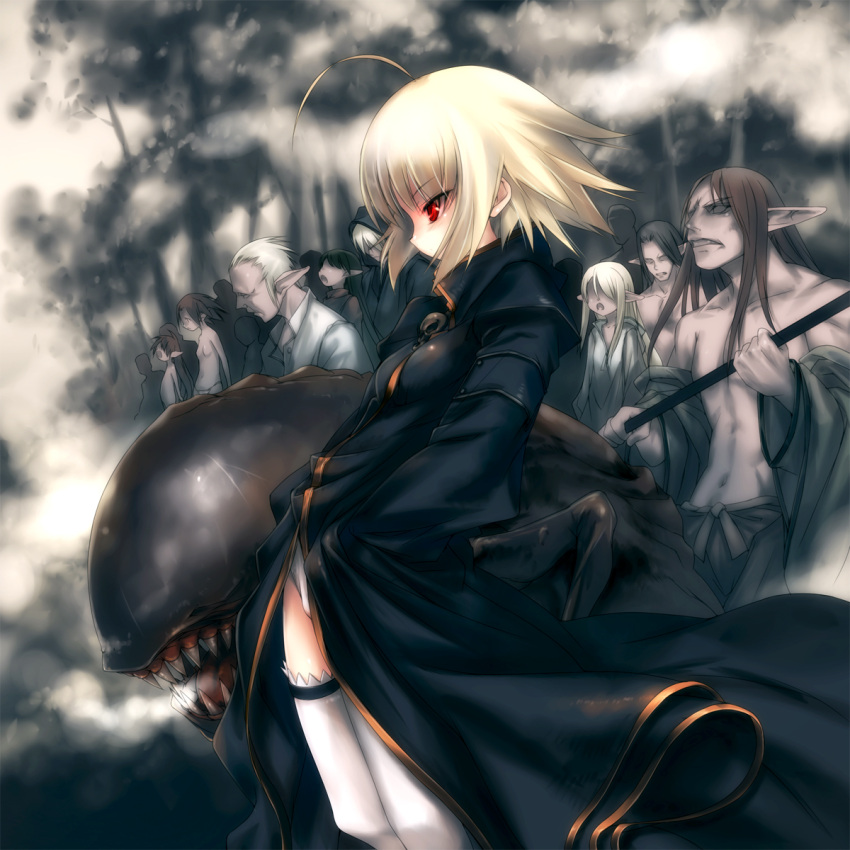 ahoge blonde_hair female flat_chest hands_in_pockets highres hitomaru holding jacket lolicon long_hair monster navel nil-eve no_pants original panties pointy_ears profile red_eyes short_hair standing steam thighhighs topless underwear white_legwear white_panties zombie