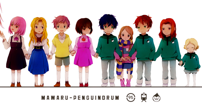 5boys 5girls aged_down bad_id bad_pixiv_id blonde_hair blue_hair brown_hair dress everyone glasses green_eyes holding_hands lolicon long_hair mawaru_penguindrum multiple_boys multiple_girls natsume_mario natsume_masako oginome_momoka oginome_ringo photoshop_(medium) pink_hair purple_eyes red_eyes red_hair scarf short_hair skirt smile tabuki_keiju takakura_himari takakura_kanba takakura_shouma tokikago_yuri tsuyuxxx watase_sanetoshi