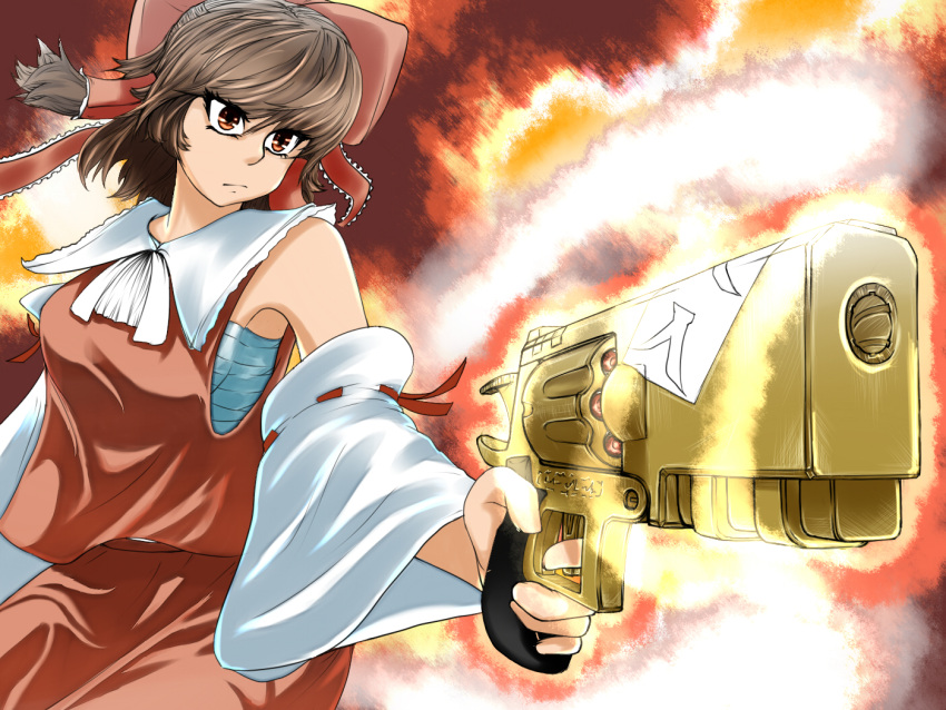 ascot bad_id bad_pixiv_id bare_shoulders bow brown_eyes brown_hair counter-strike counter-strike_(series) counter-strike_online detached_sleeves female foreshortening gun hair_tubes hairbow hakurei_reimu handgun kazunori3321 left-handed mp-412_rex red_bow revolver sarashi solo touhou weapon