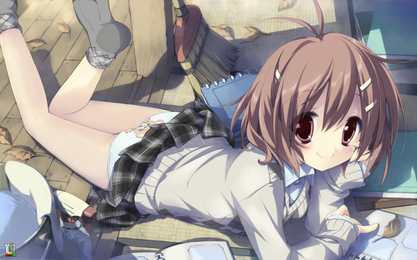 argyle argyle_legwear ass bear_panties bear_print blush book bottle broom brown_hair feet female footwear gotou_nao hair_ornament hairclip hattori_aya highres koiiro_soramoyou leaf looking_at_viewer lucie lying no_shoes notebook on_stomach panties pantyshot plaid plaid_skirt print_panties red_eyes school_uniform short_hair skirt smile socks soles solo spray_bottle sweater underwear upskirt vest white_panties