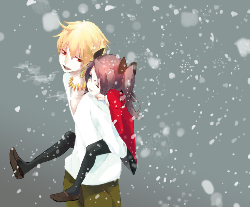 1boy aged_down bad_id bad_pixiv_id black_pantyhose blonde_hair blue_eyes bracelet breath brown_hair carrying casual earrings fate/zero fate_(series) female gilgamesh_(fate) hair_ribbon hinatsu jewelry lolicon necklace pantyhose photoshop_(medium) piggyback red_eyes ribbon shoe_dangle short_hair skirt snowing tohsaka_rin twintails v-neck wince