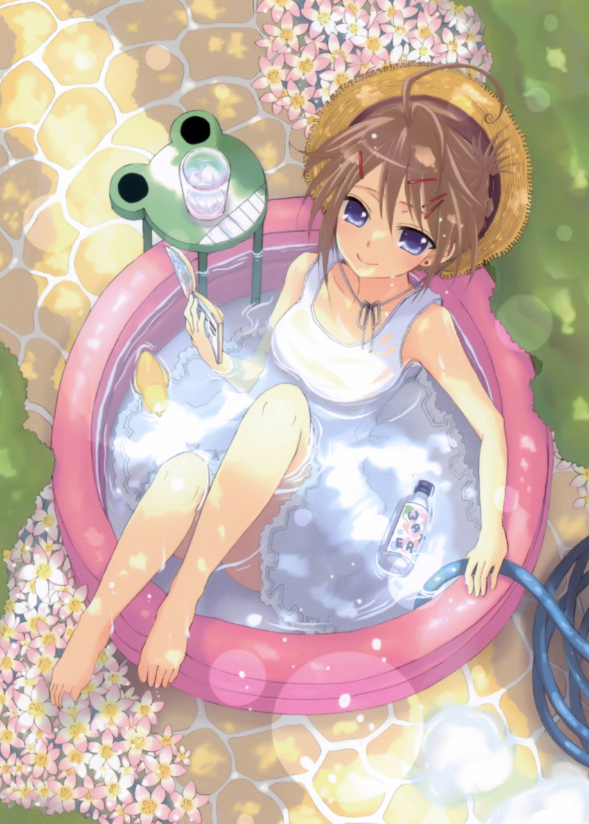 absurdres bare_legs barefoot blue_eyes book bottle brown_hair earrings feet female flower from_above hair_ornament hairclip hat highres hose jewelry lens_flare looking_at_viewer looking_up original partially_submerged reclining sakurai_unan scan skirt smile solo straw_hat sun_hat wading_pool water water_bottle white_skirt