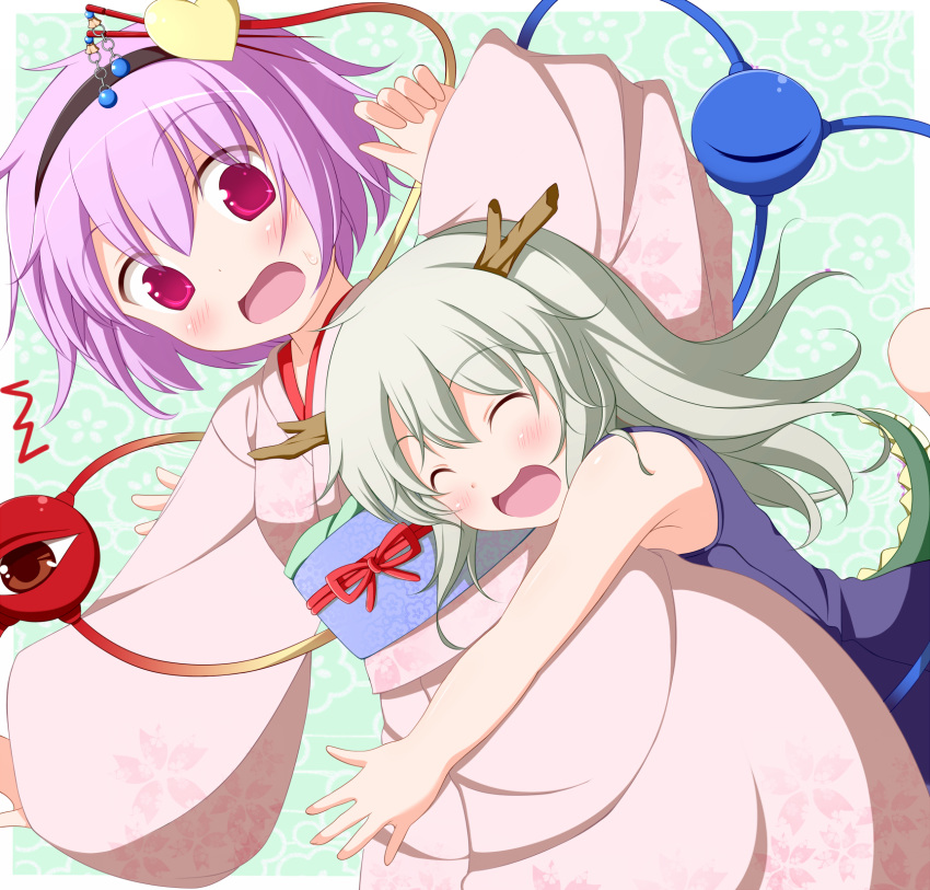 2girls ^^^ ^_^ alternate_costume antlers chinese_zodiac closed_eyes commentary_request dragon_tail eyeball glomp green_hair hair_ornament hairband happy heart highres horns hug hug_from_behind japanese_clothes kemonomimi_mode kimono komeiji_koishi komeiji_satori multiple_girls nikku_(ra) obi one-piece_swimsuit open_mouth pink_eyes pink_hair purple_eyes sash school_swimsuit shirt short_hair siblings sisters sleeveless sleeveless_shirt swimsuit tail third_eye touhou year_of_the_dragon