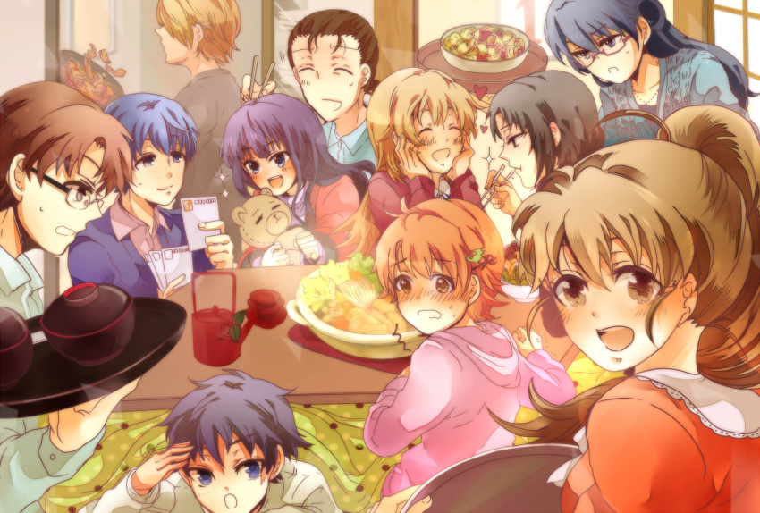 5boys 6+girls bad_id bad_pixiv_id daisy_(working!!) everyone hands_on_own_face inami_mahiru matsumoto_maya multiple_boys multiple_girls nabe otoo_hyougo satou_jun shirafuji_kyouko souma_hiroomi table takanashi_souta taneshima_popura teapot todoroki_yachiyo working!! yamada_aoi yamada_kirio yukimaru_nun