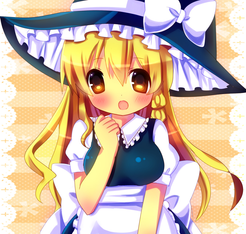 apron arm_up black_dress blonde_hair blush braid chibi chocolat_(momoiro_piano) commentary_request dress female hat hat_ribbon highres kirisame_marisa long_hair open_mouth ribbon solo touhou witch_hat yellow_eyes