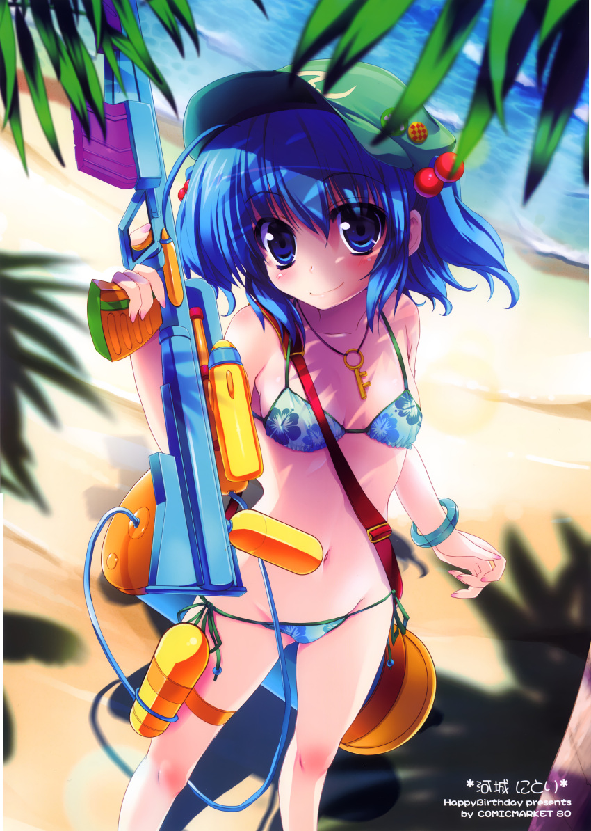 absurdres bare_shoulders beach bikini blue_eyes blue_hair blush bracelet collarbone day duplicate female groin hair_bobbles hair_ornament happy_birthday_(artist) hat highres image_sample jewelry kawashiro_nitori key maruchan. navel necklace ocean pendant scan shadow short_hair smile solo standing swimsuit touhou toy two_side_up water water_gun yandere_sample