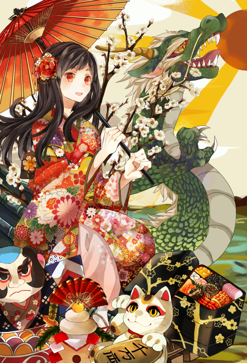 bento black_hair claws commentary_request dragon eastern_dragon female flower food hair_flower hair_ornament henachoko highres holding horns japanese_clothes kagami_mochi kimono long_hair looking_at_viewer maneki-neko nattou new_year oil-paper_umbrella original red_eyes sharp_teeth shrimp smile solo sun teeth tongue umbrella yellow_eyes