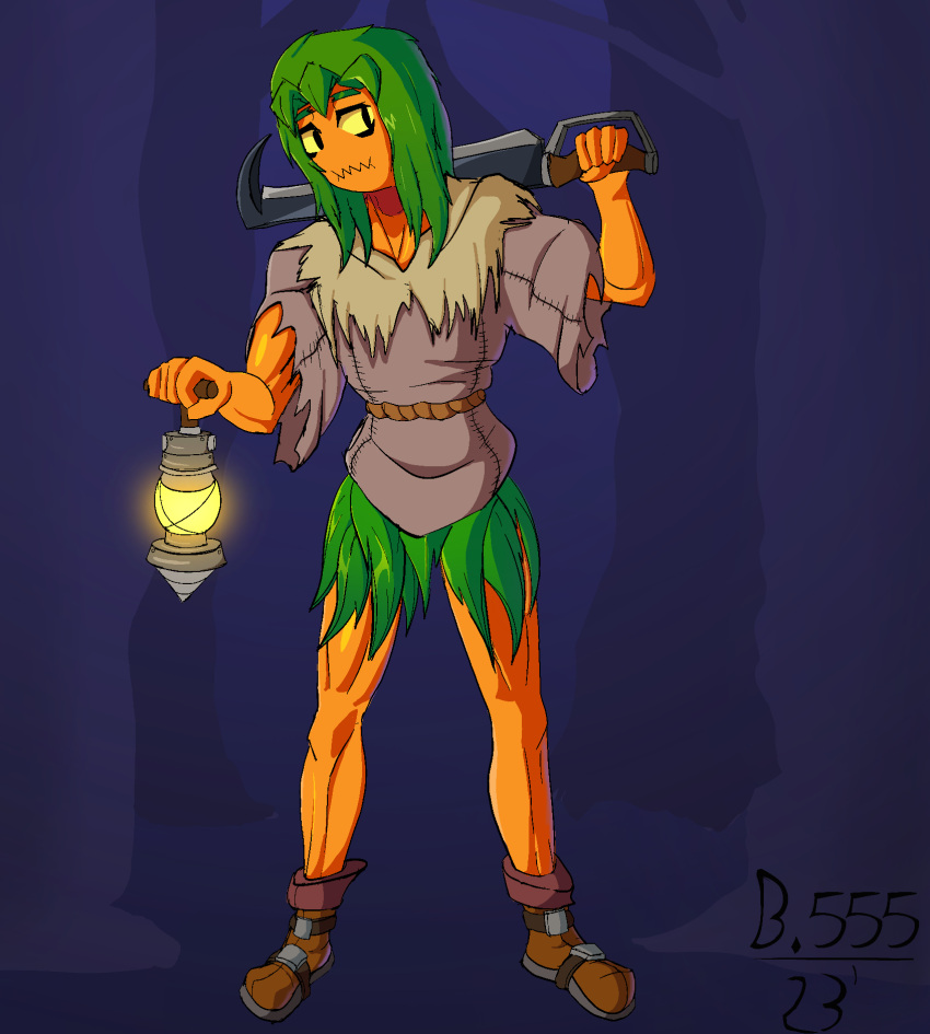 anthro athletic athletic_male belt biceps buckled_boots cel_shading clothing dekumemer digital_drawing_(artwork) digital_media_(artwork) elemental_creature elemental_humanoid flora_fauna food footwear for_a_head forest forest_background fruit green_hair hair hi_res holding_object holding_weapon humanoid lamp lantern leaf leaf_clothing leaf_hair looking_away male medieval_clothing medium_length_hair nature nature_background object_head orange_body orange_skin plant plant_hair plant_humanoid pseudo_hair pumpkin pumpkin_head pupils purple_background rope rope_belt shaded shoes simple_background solo sword_on_shoulder tausser_possenga_(dekumemer) tree weapon yellow_sclera