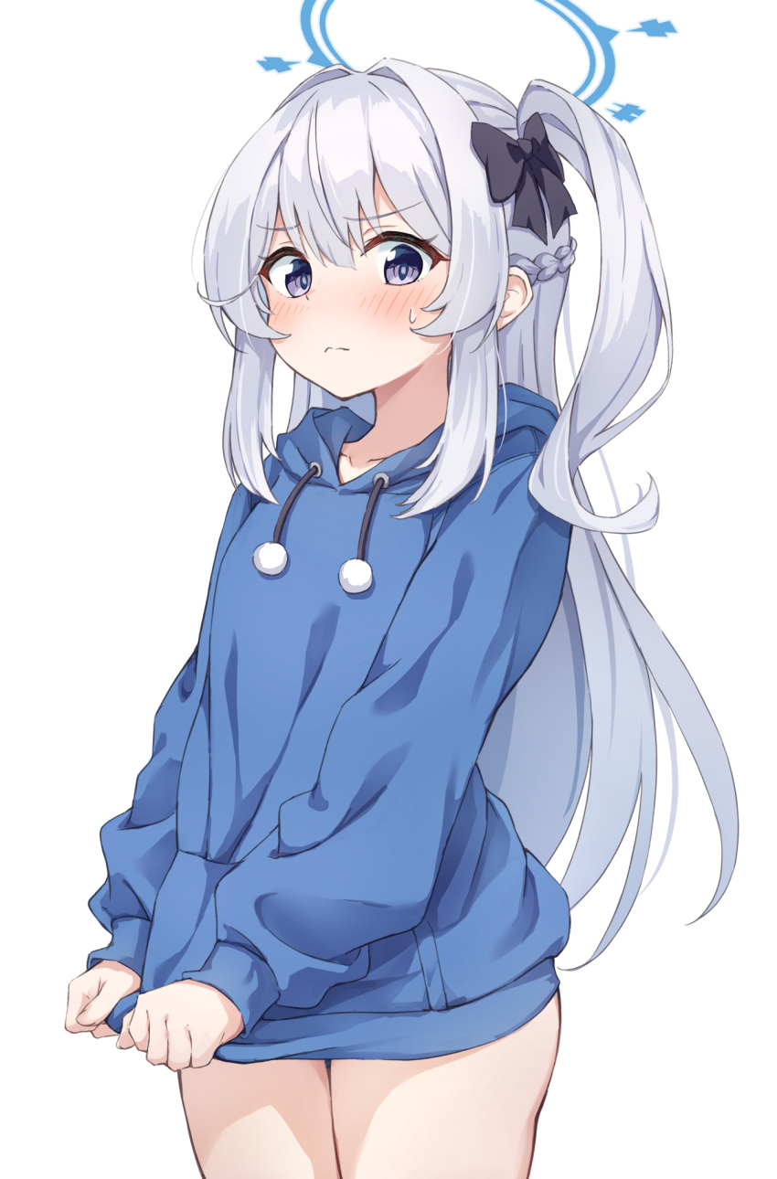 ass black_bow blue_archive blue_halo blue_hoodie blush bow braid casual closed_mouth collarbone cowboy_shot female grey_hair hair_between_eyes halo highres hood hood_down hoodie long_hair long_sleeves looking_at_viewer matsu520 md5_mismatch miyako_(blue_archive) miyako_(young)_(blue_archive) official_alternate_costume one_side_up purple_eyes simple_background solo white_background