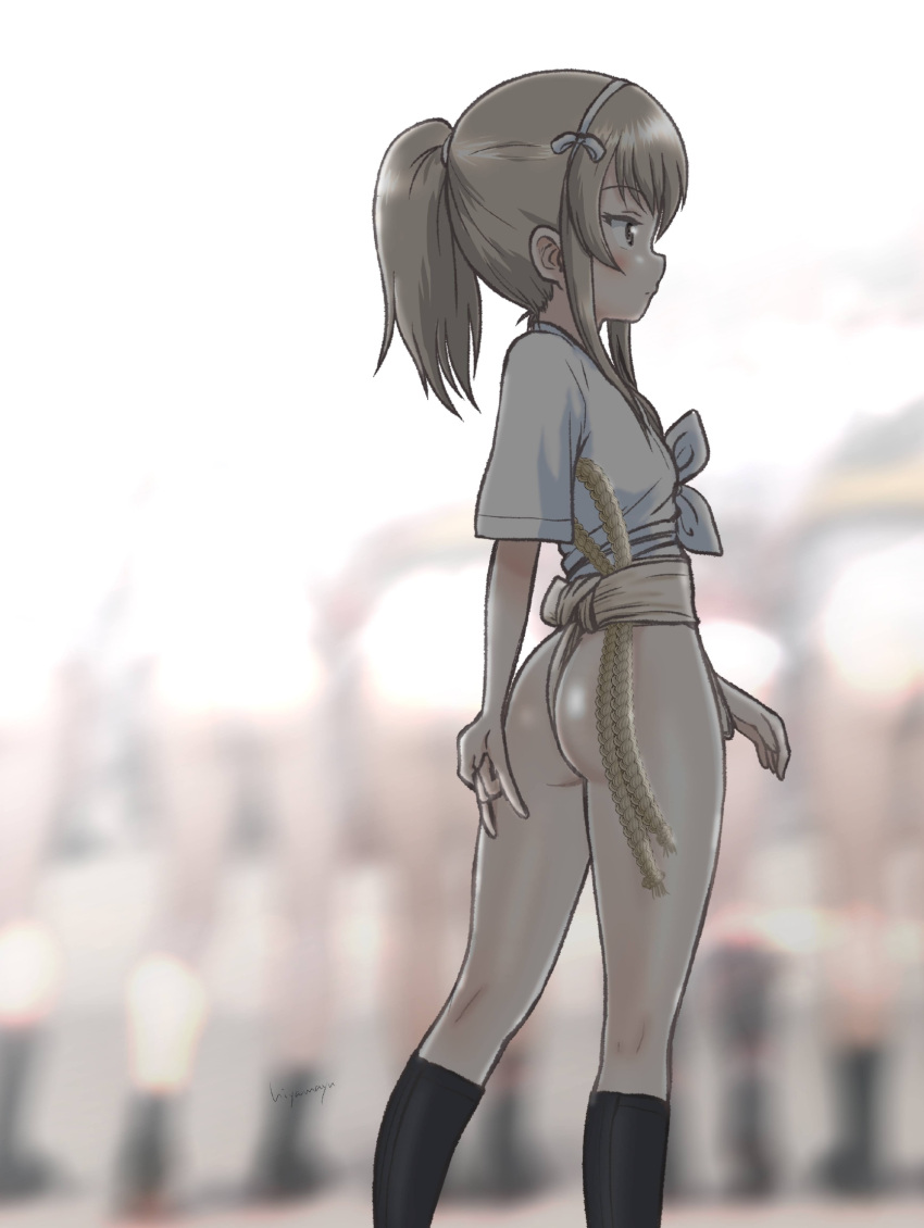 ass blonde_hair blush breasts brown_eyes closed_mouth female from_side fundoshi girls_und_panzer highres hiyama_yuu_(wee259hiyama) japanese_clothes long_hair mizu_happi outdoors ponytail shimada_arisu signature small_breasts solo