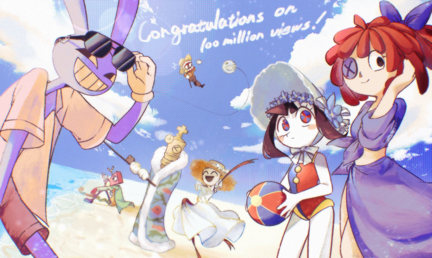 >_< 1other 3boys 3girls :d ^^^ ^_^ adapted_costume adjusting_dress adjusting_eyewear adjusting_hair aida_(aidacamelia0516) aviator_sunglasses ball beach beachball bent_over biting black_eyes blue_eyes blue_flower blue_one-piece_swimsuit blue_robe blue_sky blunt_bangs blurry blush_stickers bokeh bonnet bow breasts brown_hair brown_headwear brown_pants bubble_(the_amazing_digital_circus) button_eyes buttons caine_(the_amazing_digital_circus) cane chess_piece chin_strap closed_eyes cloud colored_sclera colored_skin commentary congratulations cowboy_shot crop_top cumulonimbus_cloud depth_of_field dithered_background dithering dress dutch_angle elbow_rest english_commentary english_text expressionless eyelashes fishing fishing_line fishing_rod floating_hair flower flying flying_sweatdrops full_body fur-trimmed_robe fur_trim gangle_(the_amazing_digital_circus) gloves green_shirt grin hairbow hat hat_bow hat_flower hat_ribbon head_wreath highres holding holding_ball holding_fishing_rod jax_(the_amazing_digital_circus) king_(chess) kinger_(the_amazing_digital_circus) knee_up light_smile long_sleeves looking_at_another looking_at_viewer looking_to_the_side loose_clothes loose_shirt mask midriff milestone_celebration multicolored_clothes multicolored_swimsuit multiple_boys multiple_girls ocean one-piece_swimsuit open_clothes open_mouth open_shirt orange_shirt pants pom_pom_(clothes) pomni_(the_amazing_digital_circus) print_robe purple_bow purple_sarong purple_shirt rabbit_boy ragatha_(the_amazing_digital_circus) red_eyes red_hair red_one-piece_swimsuit retro_artstyle ribbon ringlets robe sand sarong shirt short_hair short_sleeves sidelocks sitting sky small_breasts smile squatting standing standing_on_one_leg straw_hat sun_hat sundress sunglasses swimsuit symbol-shaped_pupils teeth the_amazing_digital_circus tied_shirt two-tone_eyes water waving white_bow white_dress white_gloves white_headwear white_ribbon white_skin wind yellow_gloves yellow_one-piece_swimsuit yellow_sclera yellow_shirt yellow_teeth zooble_(the_amazing_digital_circus)