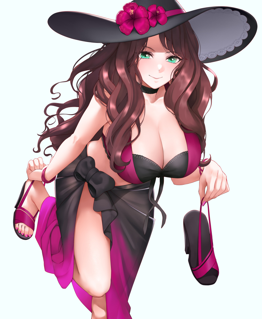 absurdres bikini black_bikini breasts choker cleavage commission commissioner_upload dorothea_arnault dorothea_arnault_(summer) feet female fire_emblem fire_emblem:_three_houses fire_emblem_heroes flower green_eyes hat hat_flower high_heels highres landacdeus large_breasts leaning_forward looking_at_viewer nail_polish official_alternate_costume pink_bikini removing_shoes sandals sarong strappy_heels sun_hat swimsuit toenail_polish toenails toes vgen_commission white_background