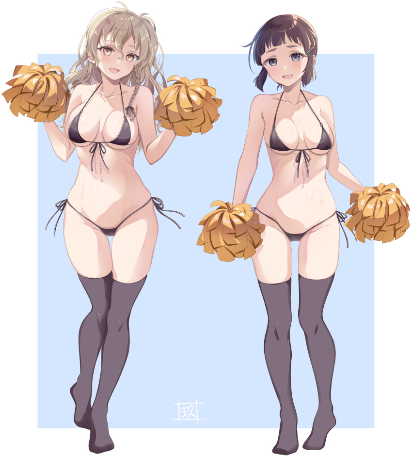 2girls bad_id bad_pixiv_id bikini black_bikini black_eyes black_hair black_thighhighs blush braid breasts cheering cheerleader collarbone french_braid front-tie_bikini_top front-tie_top hair_ornament hairclip highres holding holding_pom_poms kantai_collection kukimaru light_brown_hair long_hair looking_at_viewer multiple_girls myoukou_(kancolle) open_mouth pom_pom_(cheerleading) short_hair side-tie_bikini_bottom signature smile swimsuit thighhighs wavy_hair yellow_eyes zara_(kancolle)