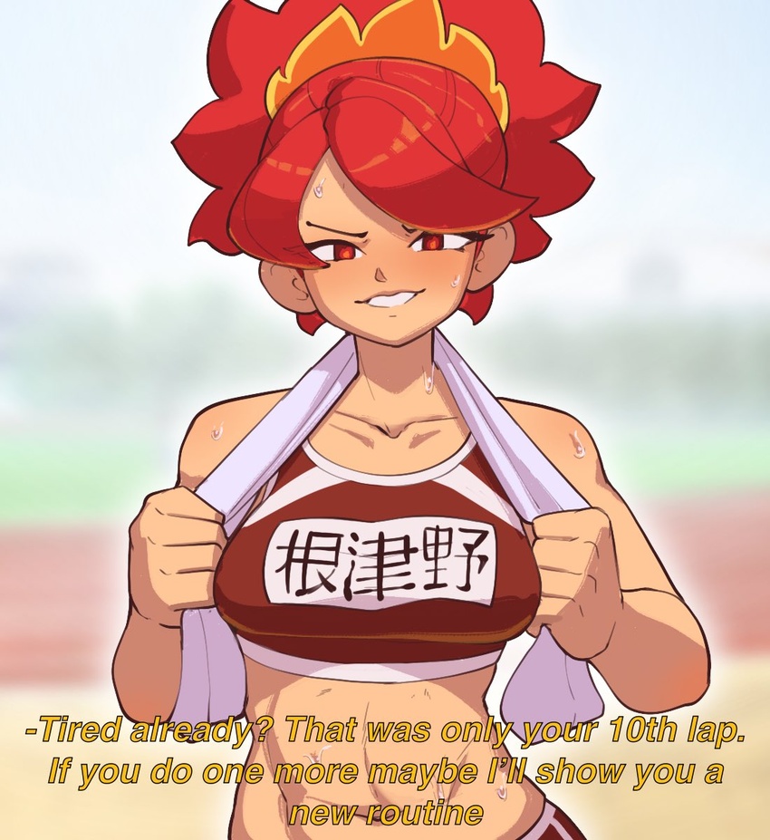 bare_arms breasts english_text female highres komi-san_wa_komyushou_desu looking_at_viewer netsuno_chika nudiedoodles red_eyes red_hair smirk solo sportswear subtitled sweat tank_top towel upper_body