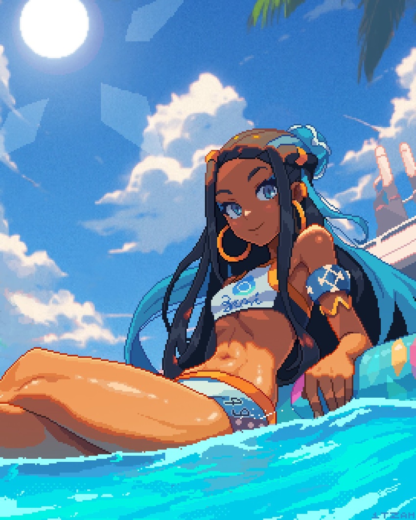 alternate_costume black_hair blue_eyes blue_hair crop_top crossed_legs dark-skinned_female dark_skin drednaw english_commentary female highres itzah long_hair looking_at_viewer midriff multicolored_hair nessa_(pokemon) partially_submerged pixel_art pokemon pokemon_swsh sitting smile solo sun swimsuit two-tone_hair