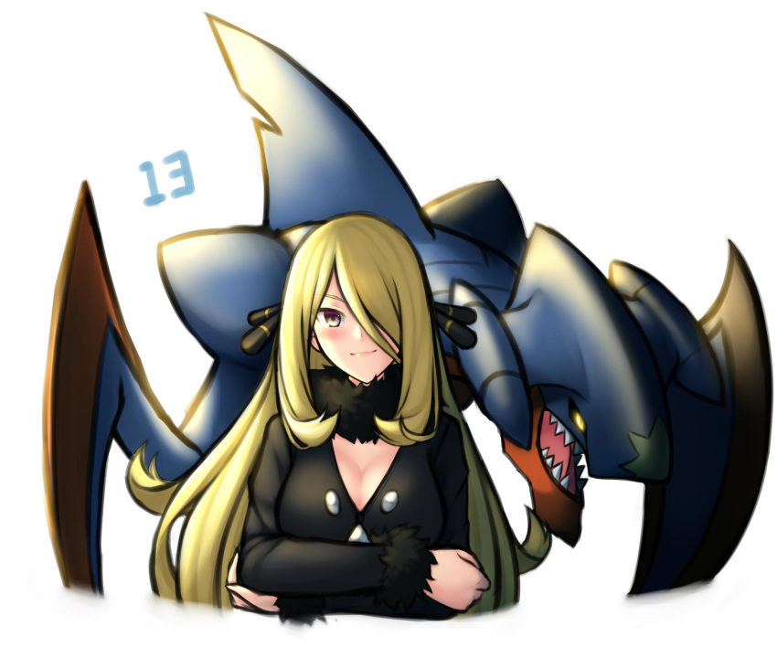 blonde_hair breasts cleavage closed_mouth crossed_arms cynthia_(pokemon) female fur_trim garchomp hair_over_one_eye highres long_hair long_sleeves looking_at_viewer mega_garchomp mega_pokemon pinguinkotak pokemon pokemon_(creature) pokemon_dppt smile upper_body white_background