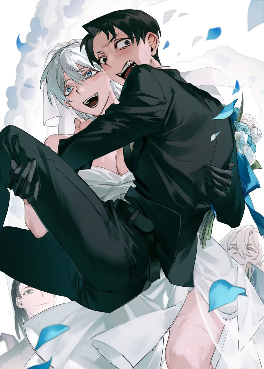 3boys angelica_(project_moon) argalia_(project_moon) black_gloves black_hair black_jacket black_pants blue_flower bouquet breasts bride carrying cleavage dress falling_petals female flower gloves groom highres holding holding_bouquet husband_and_wife jacket library_of_ruina long_hair medium_breasts multiple_boys olivier_(project_moon) open_mouth panicking pants petals princess_carry project_moon roland_(project_moon) sharp_teeth teeth very_long_hair wedding white-trick white_dress white_hair white_veil