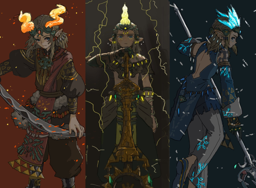 3boys back_cutout breasts charged_set_(zelda) clothing_cutout column_lineup detached_sleeves earrings electricity ember_set_(zelda) embers fake_horns frost frostbite_set_(zelda) glowing glowing_clothes hair_slicked_back highres holding_trident horned_headwear horns jewelry link looking_at_viewer male_focus medium_hair multiple_boys multiple_earrings multiple_views official_alternate_costume pelvic_curtain polearm sash soraoyogusakana standing sword the_legend_of_zelda the_legend_of_zelda:_tears_of_the_kingdom tiara trident weapon