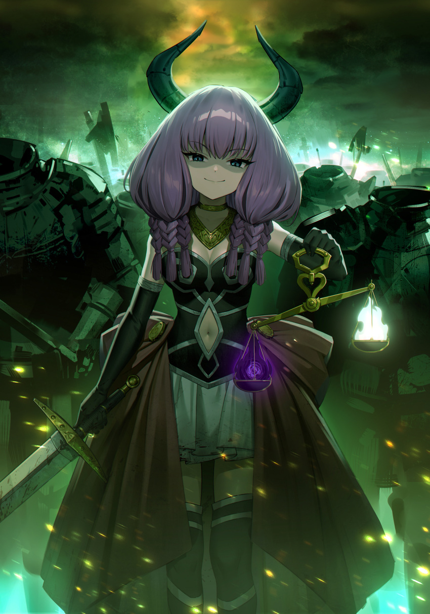 95--- absurdres armor aura_(sousou_no_frieren) black_corset black_eyes black_gloves black_thighhighs braid breasts closed_mouth clothing_cutout cloud cloudy_sky commentary_request corset demon_girl demon_horns elbow_gloves evil_smile female gloves gold_necklace headless highres holding holding_scale holding_sword holding_weapon horns jewelry long_hair looking_at_viewer low-braided_long_hair low-tied_long_hair multiple_braids navel navel_cutout necklace outdoors purple_hair shaded_face skirt sky small_breasts smile sousou_no_frieren sword thighhighs undead weapon weighing_scale white_skirt