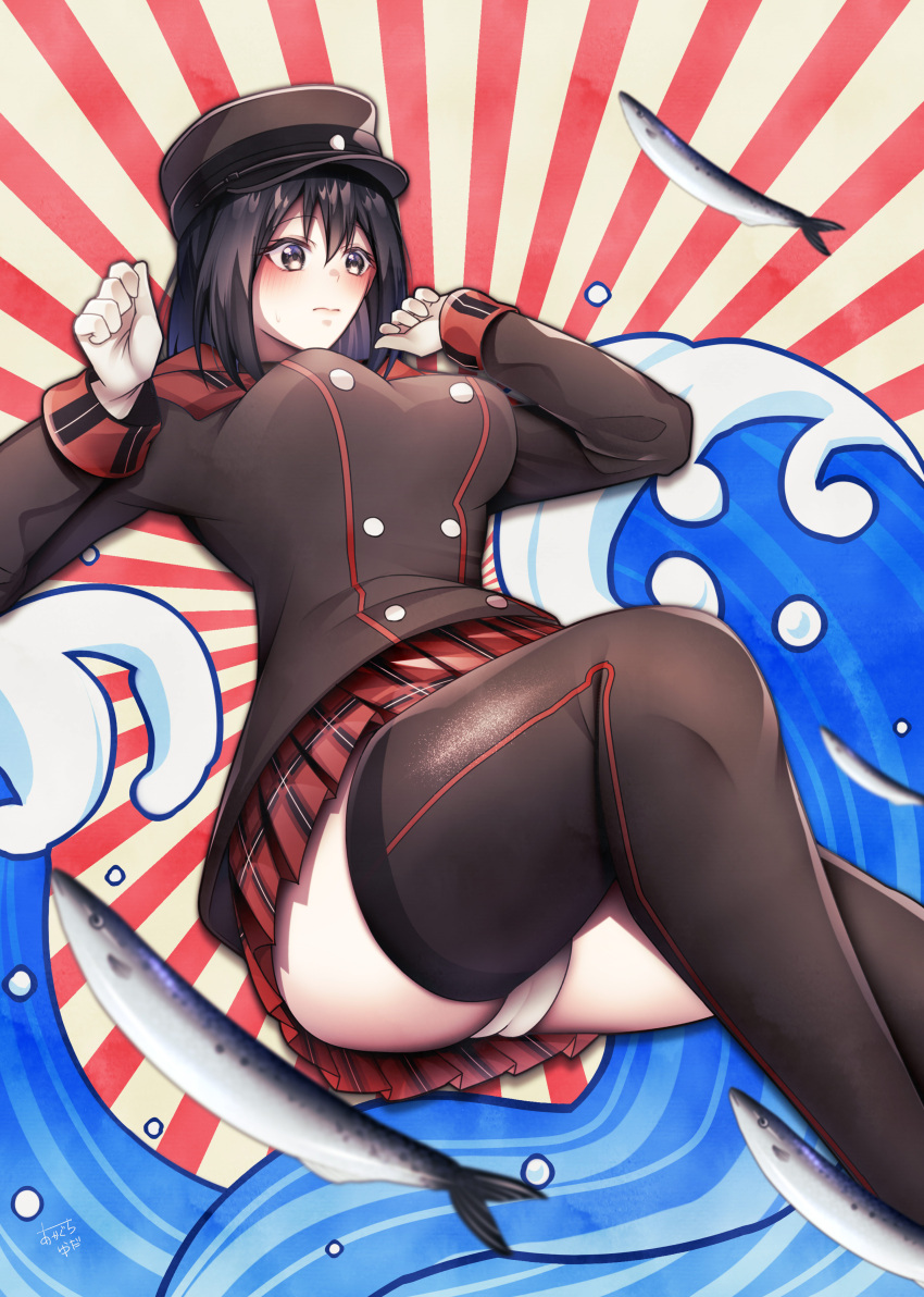 absurdres akitsu_maru_(kancolle) akitsu_maru_kai_(kancolle) animal ass black_eyes black_hair black_jacket black_thighhighs breasts buttons cameltoe double-breasted female fish gloves hat highres jacket kantai_collection large_breasts military_hat military_uniform miniskirt panties peaked_cap plaid plaid_skirt pleated_skirt red_skirt saury short_hair skirt solo thighhighs underwear uniform white_gloves white_panties yuudadou