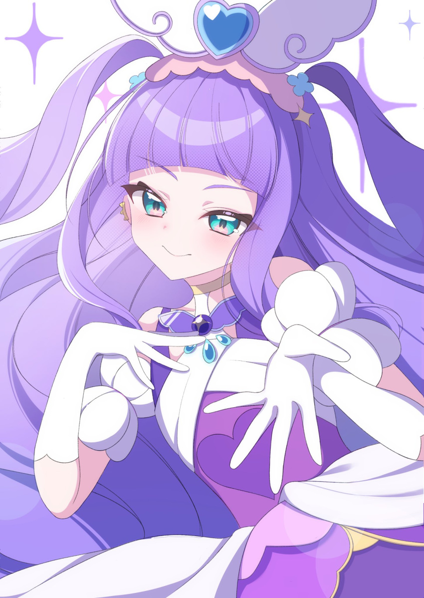 aqua_eyes commentary_request cure_majesty dress elbow_gloves ellee-chan eyelashes female gloves hair_ornament happy highres hirogaru_sky!_precure long_hair looking_at_viewer magical_girl nananaya7370 precure purple_dress purple_hair smile solo standing white_background white_gloves