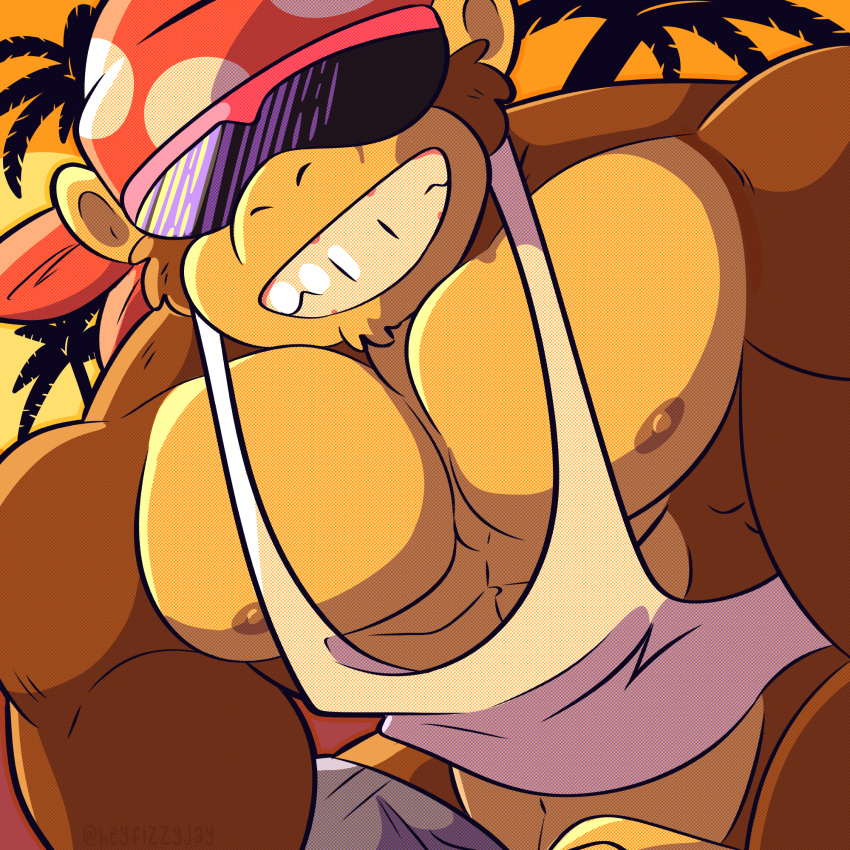 1:1 abs anthro ape bandana clothing digital_media_(artwork) donkey_kong_(series) eyewear fizzyjay funky_kong fur gorilla haplorhine hi_res kerchief looking_at_viewer male mammal muscular muscular_anthro muscular_male nintendo nipples pecs primate shirt smile solo sunglasses tank_top topwear